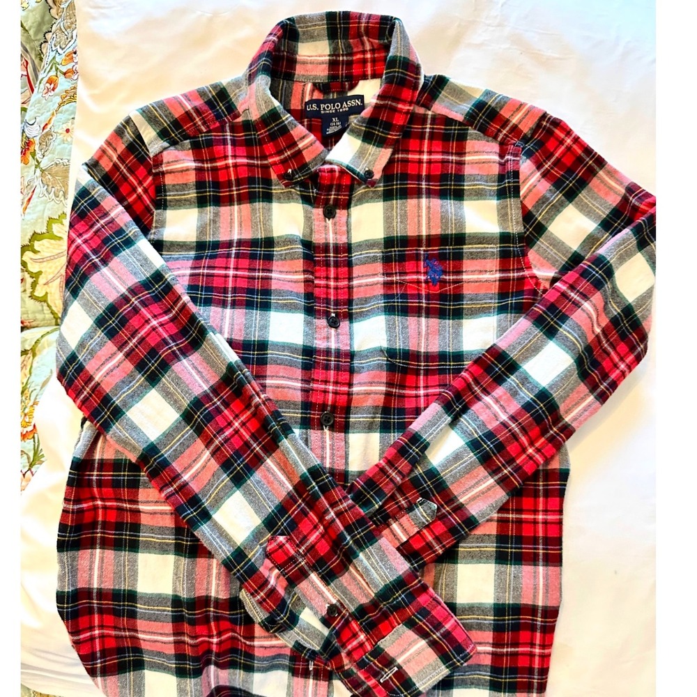 US Polo Assn Boys XL 14-16 Red White Black Plaid Flannel Button Down Shirt